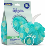 Burete de dus 2 in 1 Esponjabon, cu plasa exfolianta si sapun de Aloe Vera incorporat, pentru hidratare si cu proprietati antiinflamatorii
