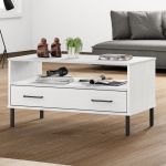 vidaXL Măsuță cafea picioare metalice alb 85x50x45cm lemn masiv "OSLO"