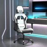 vidaXL Scaun de gaming cu suport picioare, alb/negru, piele ecologică