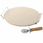 Set piatra de pizza din ceramica, cu manere si taietor Quasar & Co., piatra/metal/lemn, d 33 cm, crem