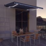 vidaXL Copertină retractabilă manual LED, albastru și alb, 450x300 cm