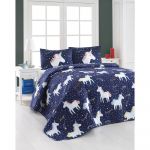 Set cuvertură matlasată și 2 fețe de pernă Eponj Home Magic Unicorn Dark Blue, 200 x 220 cm
