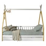 Pat pentru copii alb de tip casă din lemn masiv de pin cu spațiu de depozitare 90x200 cm TIPI – Vipack