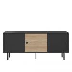 Comodă joasă cu aspect de lemn de stejar cu ușă glisantă negru 148x40 cm Zip – TemaHome