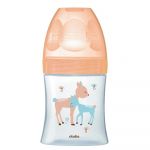Biberon din sticla cu functie senzoriala si tetina plata anti-colici 0-6 luni Debit 1 Caprioara, 150ml, Dodie