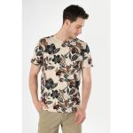 Tricou cu decolteu la baza gatului si model tropical si floral