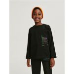 Tricou oversized, cu buzunar si maneca lunga - negru