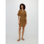 Rochie mini petrecuta in partea din fata, cu adaos de in - brun-auriu