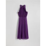 Rochie maxi, plisata, cu guler inalt - violet