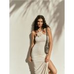 Rochie maxi din jerseu, cu detaliu in forma de floare - crem