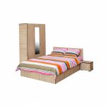 Set dormitor CORINNE, 4 piese, pat 160x200 cm, dulap 3 usi, 2 noptiere, sonoma deschis, cant sonoma inchis