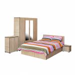 Set dormitor CORINNE, 5 piese, pat 160x200 cm, dulap 4 usi, 2 noptiere, comoda, sonoma deschis, cant sonoma inchis
