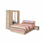 Set dormitor CORINNE, 4 piese, pat 160x200 cm, dulap 4 usi, 2 noptiere, sonoma deschis, cant sonoma inchis