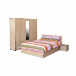 Set dormitor CORINNE, 4 piese, pat 160x200 cm, dulap 5 usi, 2 noptiere, sonoma deschis, cant sonoma inchis