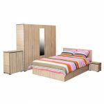 Set dormitor CORINNE, 5 piese, pat 140x200 cm, dulap 5 usi, 2 noptiere, comoda, sonoma deschis, cant sonoma inchis