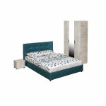 Set dormitor ECONO, 4 piese, pat 140x200 cm, dulap 3 usi, 2 noptiere, pin antichizat + turcoaz