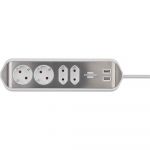 Prelungitor pentru perete/colt Brennenstuhl Estilo 214156, 4 prize, 2 x USB, 2m, Argintiu/Alb