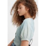 Bluza de chambray cu decolteu in V si nasturi