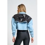 Jacheta crop de denim cu aplicatii cu paiete