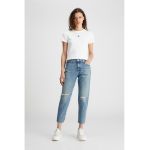 Blugi crop mom fit cu detalii deteriorate