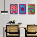 Set 3 tablouri postere muzica anii 70 Love&#038;Peace - Dimensiune multicanvas: 3 tablouri 80x120 cm