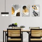 Set 3 tablouri frunze aurii negre multicanvas - Dimensiune multicanvas: 3 tablouri 50x70 cm