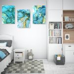 Set 3 tablouri abstract imitatie marmura albastru auriu - Dimensiune multicanvas: 3 tablouri 80x120 cm