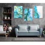 Set 3 tablouri abstract imitatie marmura albastru auriu - Dimensiune multicanvas: 3 tablouri 60x90 cm