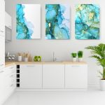 Set 3 tablouri abstract imitatie marmura albastru auriu - Dimensiune multicanvas: 3 tablouri 80x120 cm