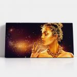Machiaj auriu artistic tablou femeie - Material produs:: Tablou canvas pe panza CU RAMA, Dimensiunea:: 70x140 cm