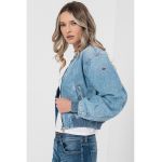 Jacheta crop de denim cu fermoar