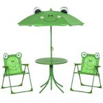 Outsunny Set Masa de Gradina cu 2 Scaune Pliabile si Umbrela pentru Copii din Metal si Poliester, Verde