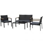 Outsunny Set Mobilier de Grădină din Ratan 4 Piese, 2 Scaune cu Brațe, Bancă, Măsuță de Cafea Oțel, Negru | Aosom Romania