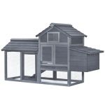 PawHut Coteț prefabricat din lemn pentru 2 găini cu gard pentru grădină 150.5 x 54 x 87cm, gri închis