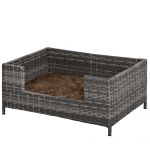 PawHut Cusca din Ratan pentru Câini și Pisici cu Pernă Lavabilă, Pat de Interior Gri Alb, Design Elegant, 61x46x27cm | Aosom Romania