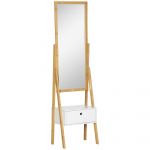 HOMCOM Oglindă de Podea Multifuncțională cu Sertar, pentru Dormitor și Coridor, MDF și Bambus, 45x30x160cm, Alb și Lemn | Aosom Romania
