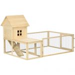 PawHut Cusca de interior din molid cu tava detasabila, 3 usi si zona exterioara, 151,5x106x97 cm, culoare lemn | AOSOM RO
