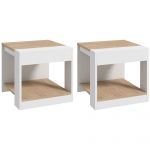 Set de 2 Masute pentru Living cu Design pe Doua Niveluri din PAL, 40x40x45cm, Alb si Stejar HOMCOM | Aosom RO