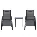 Outsunny Set 2 sezlonguri si masuta cu blat din sticla, sezlong pentru gradina din material respirabil si metal, 59x169x66 cm, negru