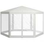 Outsunny Pavilion 4x4 m de Gradina Hexagonal cu Pereti din Plasa, 2 Usi si Picioare Reglabile, Pavilion din Metal si Poliester cu Pari si Franghii