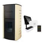 Pachet control de la distanta Termosemineu centrala peleti Fornello Michelle 12 KW, complet echipat pentru incalzire, pompa, vas expansiune, automatizare, telecomanda, buncar tiraj fortat, aprindere automata si termostat Wi-Fi Salus IT 500