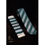 Cravata cu batista, verde cu dungi oblice gri - CV513