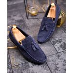 Mocasini casual de bărbați, Piele întoarsă bleumarin, cu ciucuri – AD452