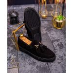 Mocasini casual de bărbați, Piele neagra întoarsă, cu talpa înaltă neagra – AD411