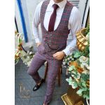 Compleu de barbati Vesta si Pantalon gri in carouri rosii, Slim Fit - CU183