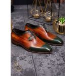 Pantofi eleganti barbatesti din piele naturala, maro - varf verde - P1310