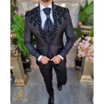 Costum ceremonie negru cu pietre stralucitoare set 4 piese - C4318