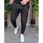 Pantaloni casual negru, cu snur si lant ,croiala conica, tiv intors- PN772