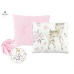 Perna bebelus, MimiNu, Profilata, Cu doua fete, Cu functie anti-soc, Pufoasa, Din catifea si bumbac, Materiale certificate Oeko Tex Standard 100, 23x26 cm, Velvet Sweet Deer/Pink