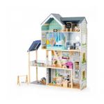 Casuta de papusi XXL din lemn cu mobilier, terasa, catel si leagan, casuta lui Maya, Ecotoys 8101